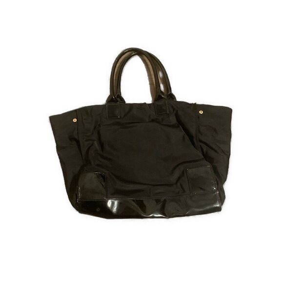 Tory Burch Ella Tote Bag Large Black Patent Leather Logo Nylon - Picture 3 of 9